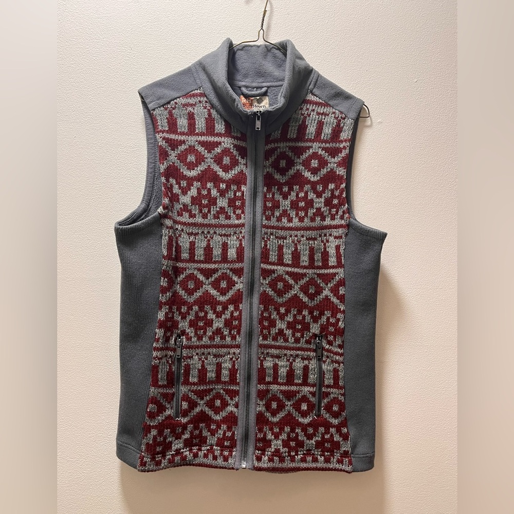 Ruff Hewn Fair Isle Rustic Chic Cozy Fleece/Knit Full Zip Vest, XL, Red & Gray